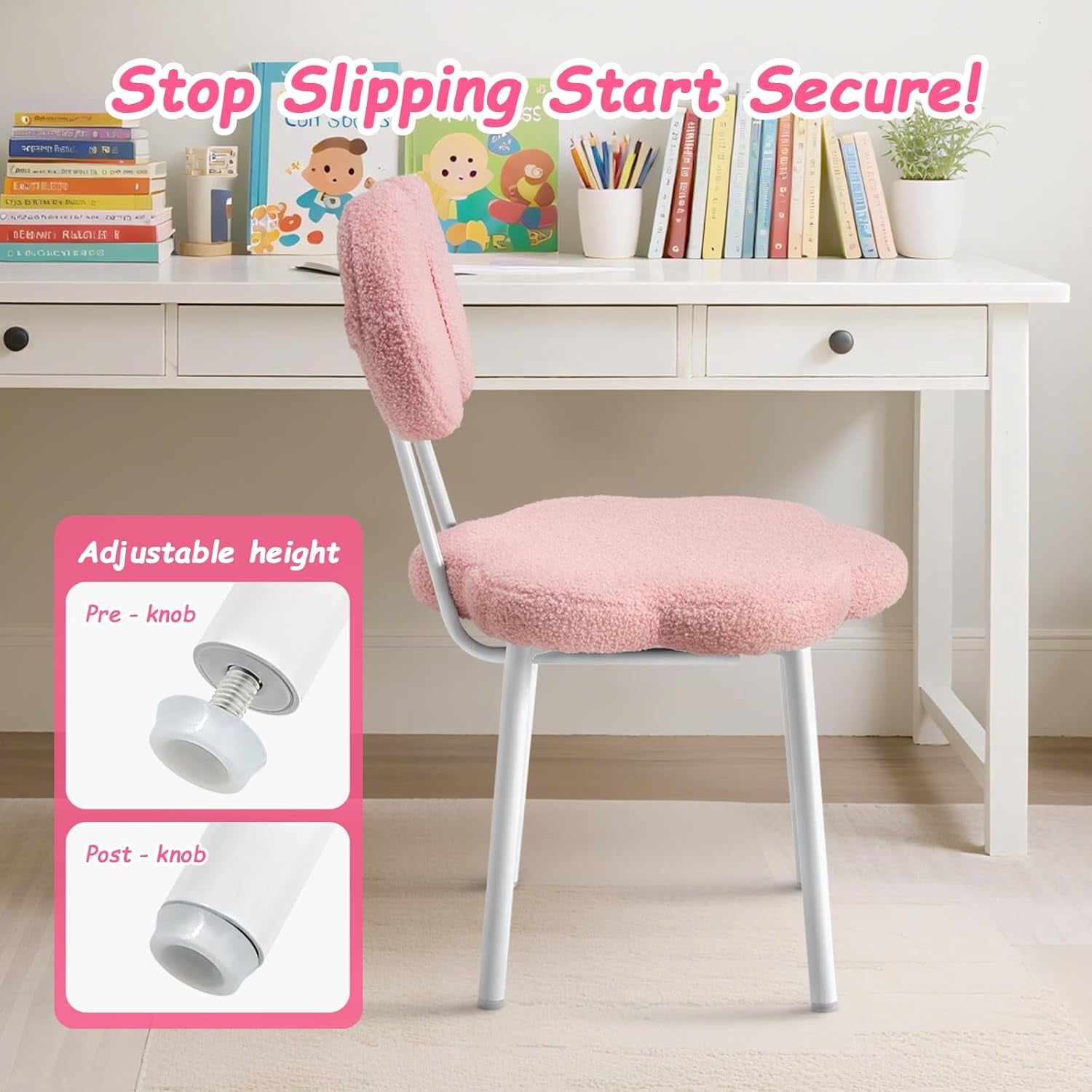 Teen Girls Vanity Chair Kids Desk Chair Teddy Fleece Armless Office Roller Chair Kids Task Reading Seat for Girls Student Chair for Study (Pink)