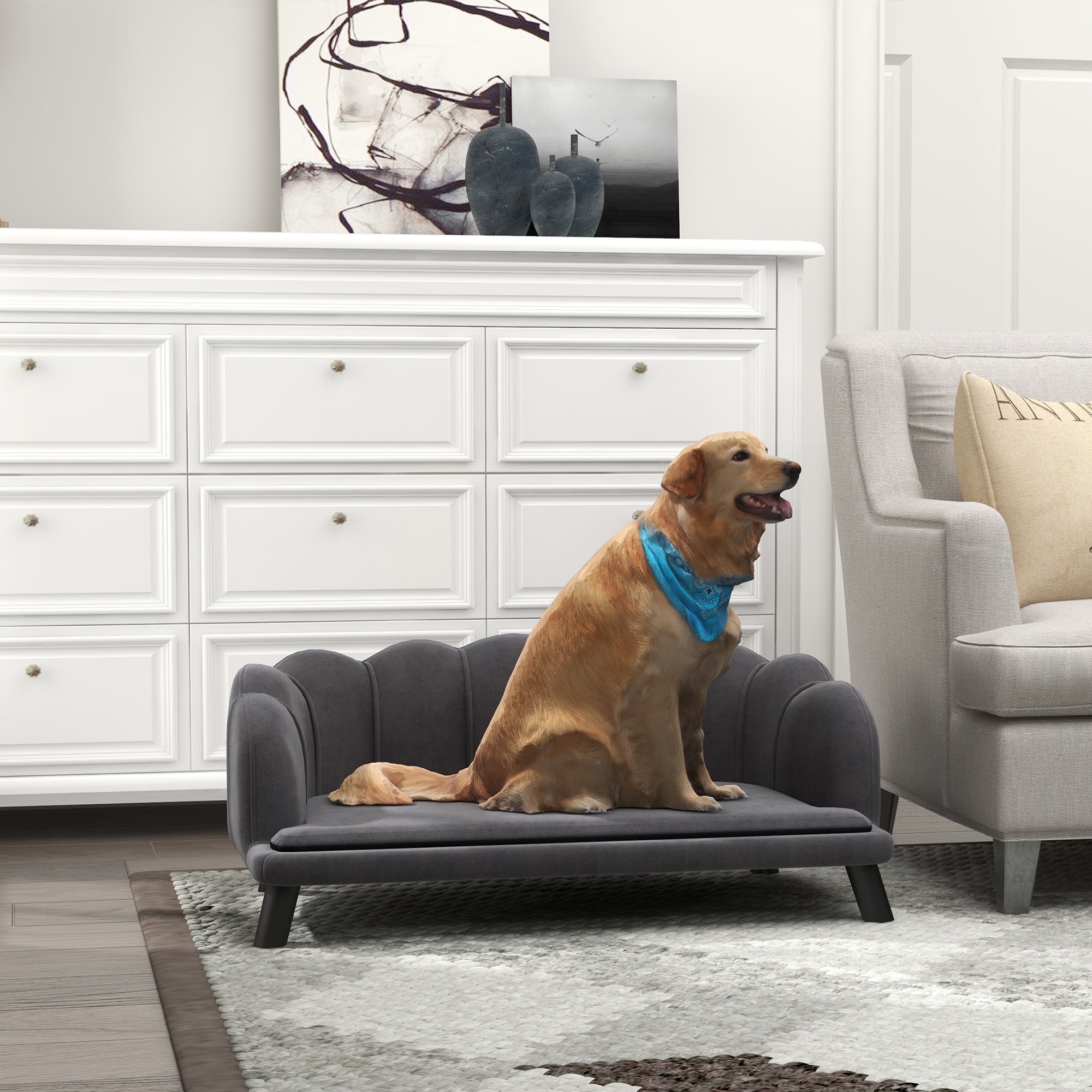Noaman PawHut Velvet Large Dog Couch with Foam Cushioning, 38.8" L x 23.8" W Soft Pearl Design Dog Bed for Big & Medium Dogs, Charcoal Gray
