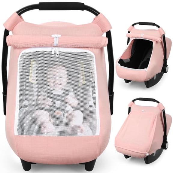 LADYGYM Car Seat Cover Baby,Carseat Covers Girl Boy,Breathable Muslin Cotton,Large Mesh Window,Infant Car Seat Canopy Baby Carrier Cover Stroller Sun Shade,Pink
