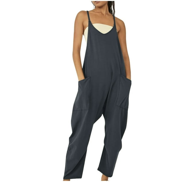 PBNBP Women's Loose Casual Sleeveless Adjustable Spaghetti Strap Jumpsuits Stretchy Wide Leg Rompers with Pockets