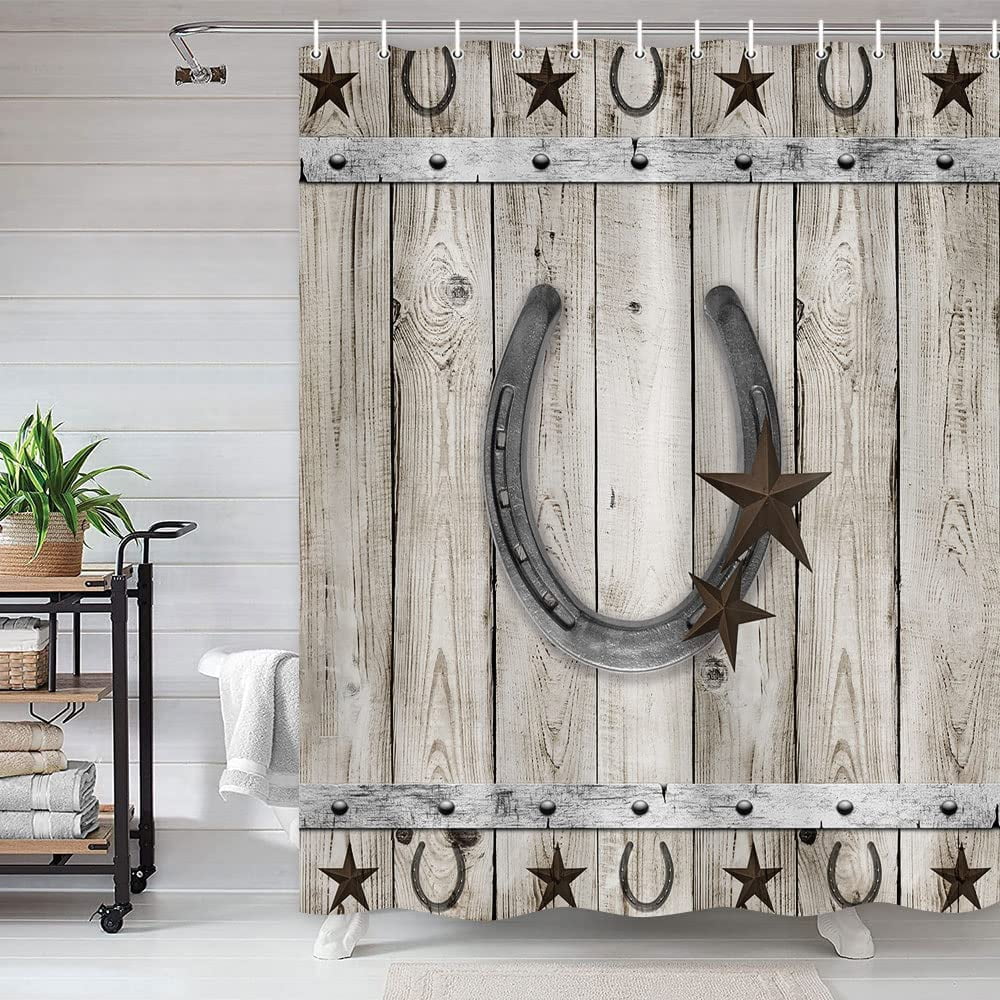 Farmhouse Western Shower Curtain, Barn Star with Horseshoe on Gray