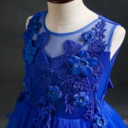 IBTOM CASTLE Little Big Girls Flower Tulle Dress Princess Pageant Wedding Birthday Party Formal Long Dance Evening Maxi Gown 13-14 Years Royal Blue