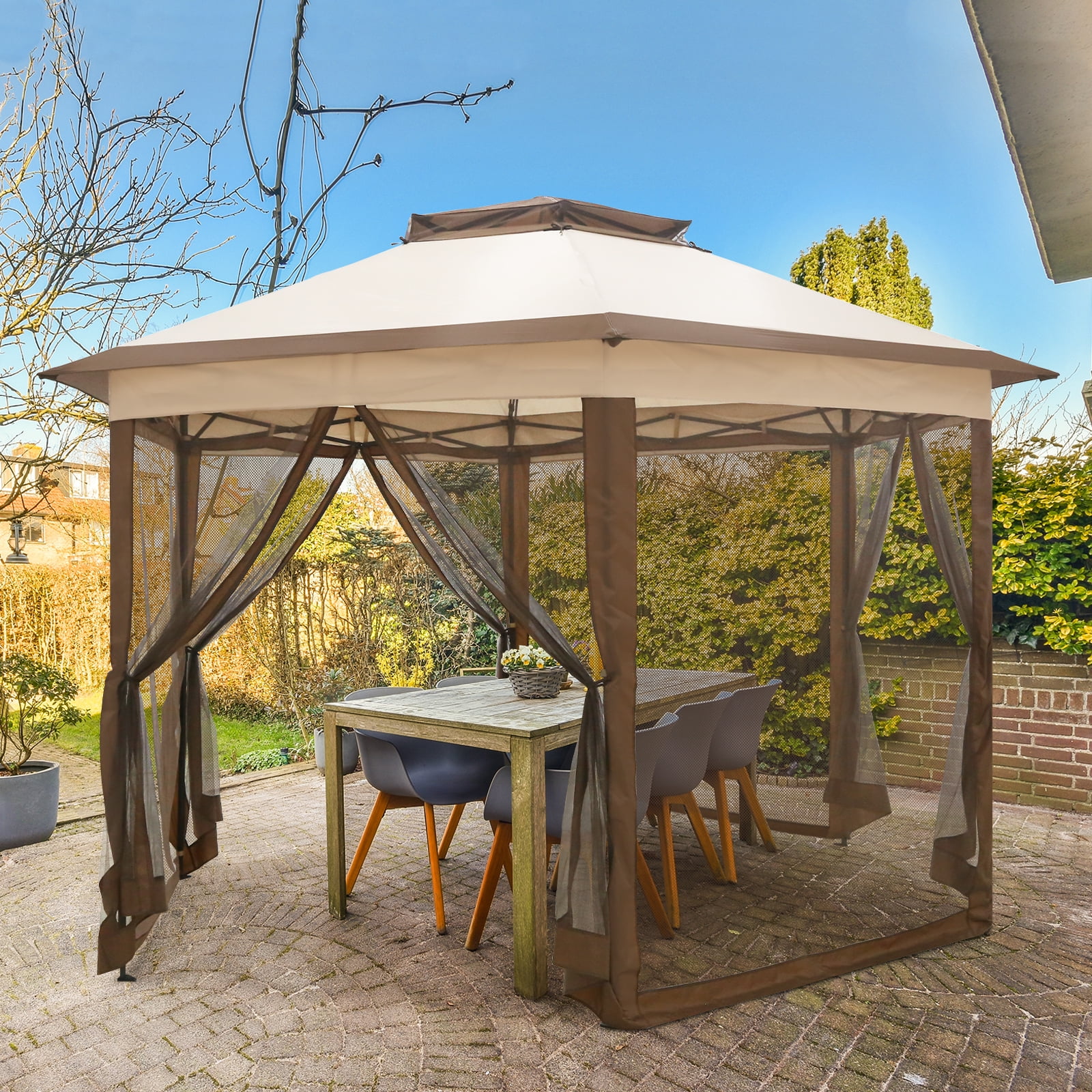 EAGLE PEAK 6-Sided Outdoor Camping Pop Up Gazebo w/Screen Netting, 13x13 Double-Tier Hexagonal Outdoor Canopy Tent for Patio, Garden, Party, Backyard, Beige