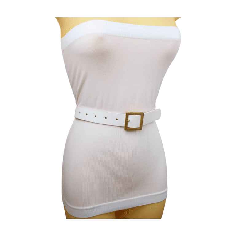 Women White Faux Leather Skinny Fashion Belt Gold Square  display picture 1