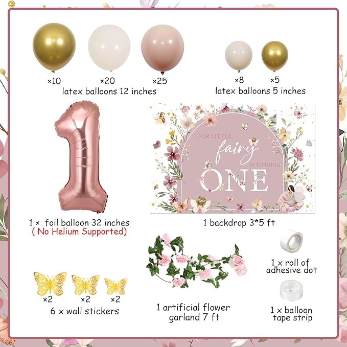 Fairy First Birthday Decorations, Boho Fairy 1st Birthday Party Decorations Girl, Our Little Fairy Is Turning One Backdrop Butterfly Fairy Balloon Arch Stickers Artificial Flowers Garland