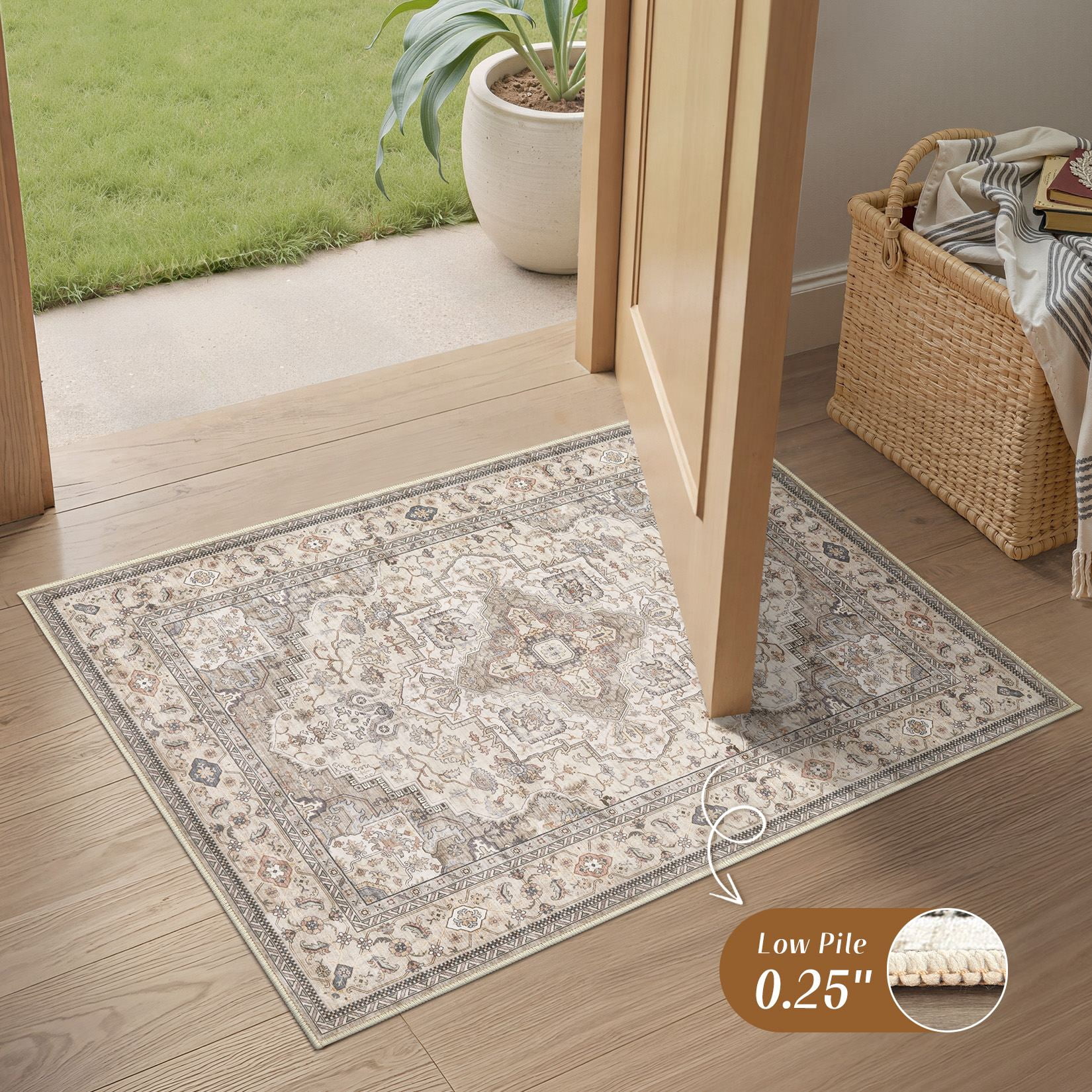UERMEI 2x3 Washable Area Rugs for Living Room, Modern Vintage Printed Rug, Vacuum-Friendly, Non Slip Indoor Rug for Bedroom Entryway Home Decor Carpet, Beige Brown