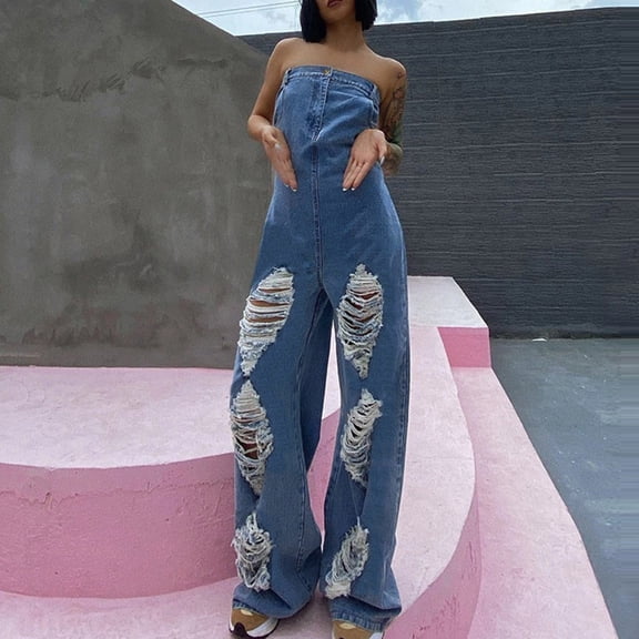 Aayomet Womens Rompers And Jumpsuits Womens Casual Trend Classic Vintage Denim Long Pants Jumpsuit,Blue S