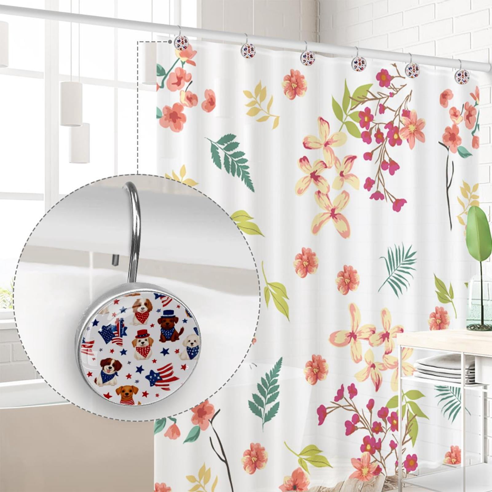12pcs Decorative Shower Curtain Hooks, Rust Resistant Shower Rings for Bathroom Living Room,Rustproof Stainless Steel Rings for Shower Curtain and Liner Rods,4th of July Dog