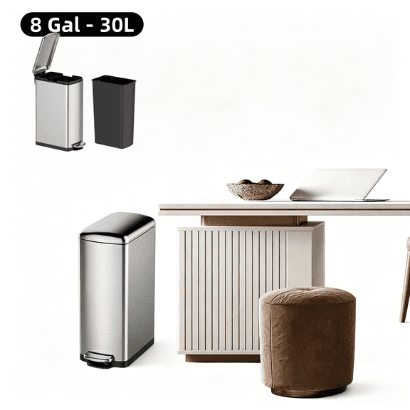 8 Gal Slim Trash Can with Removable Inner Bucket, 30L Narrow Step-on Trash Bin for Kitchen Bathroom Living Room Office