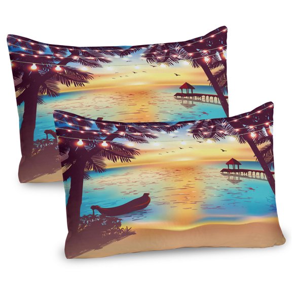 Ambesonne Beach Pillow Sham 2 Pack, Calm Coast with Boat and Pier, 36"x20", Sky Blue Apricot Purple