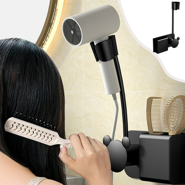 Lisbinx - Soporte giratorio de 360° para secador de pelo, sin perforaciones, de pared y altura variable, práctico y elegante para baños.