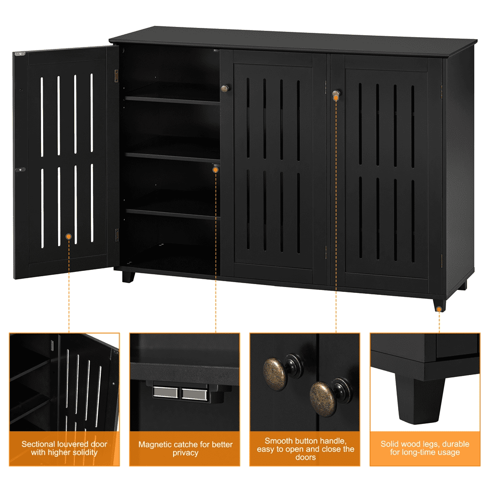 Alden Design 4 Tier Wooden Shoe Storage with Louvered Door, Black
