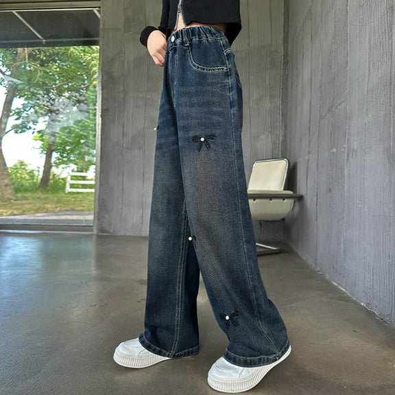 ATOGUTA Girls Baggy Jeans Elastic High Waist Wide Leg Loose Denim Jeans Pants Tween Clothes for Girls Size 5T-15, Blue