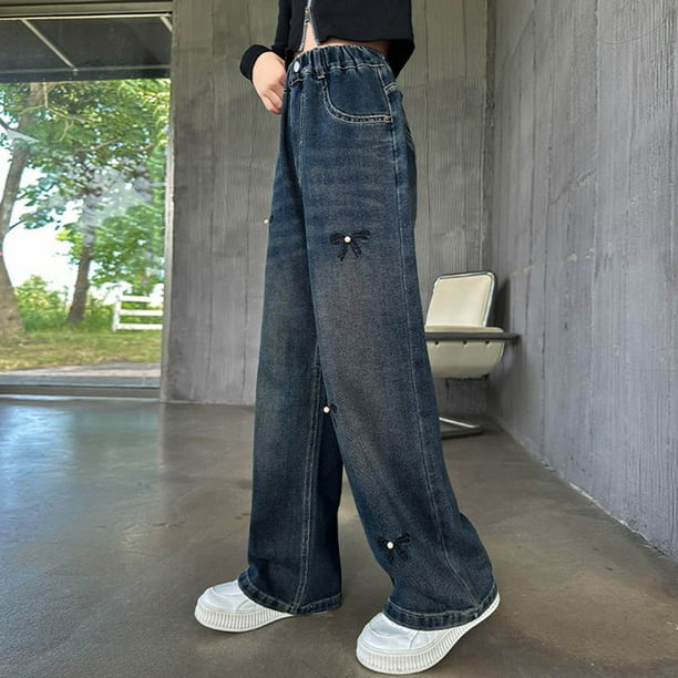 Cowsor Girls Baggy Jeans Distressed Denim Pants Elastic Waist Wide Leg Jeans for Girls Kids Loose