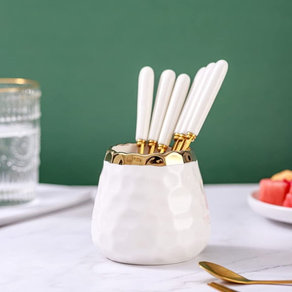Soimiss Stainless Steel Fruit Fork and Spoon in White Ceramic Jar for Kitchen Flatware
