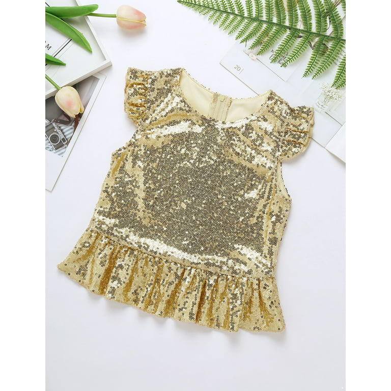 DPOIS Kids Girls Shiny Sequin Ruffle Hem Dance T-shirt Peplum Crop Top Gold  10 