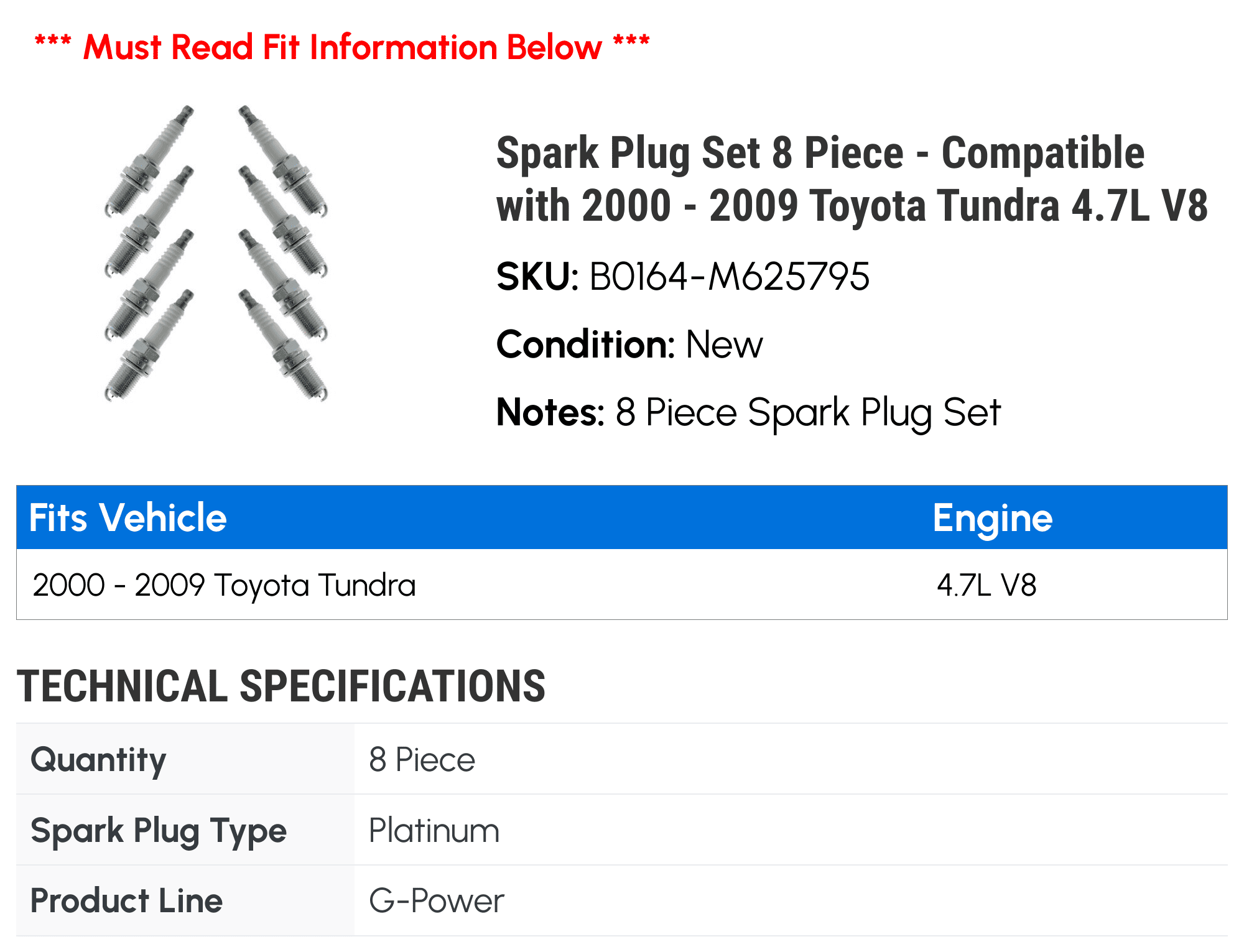 Spark Plug Set 8 Piece - Compatible with 2000 - 2009 Toyota