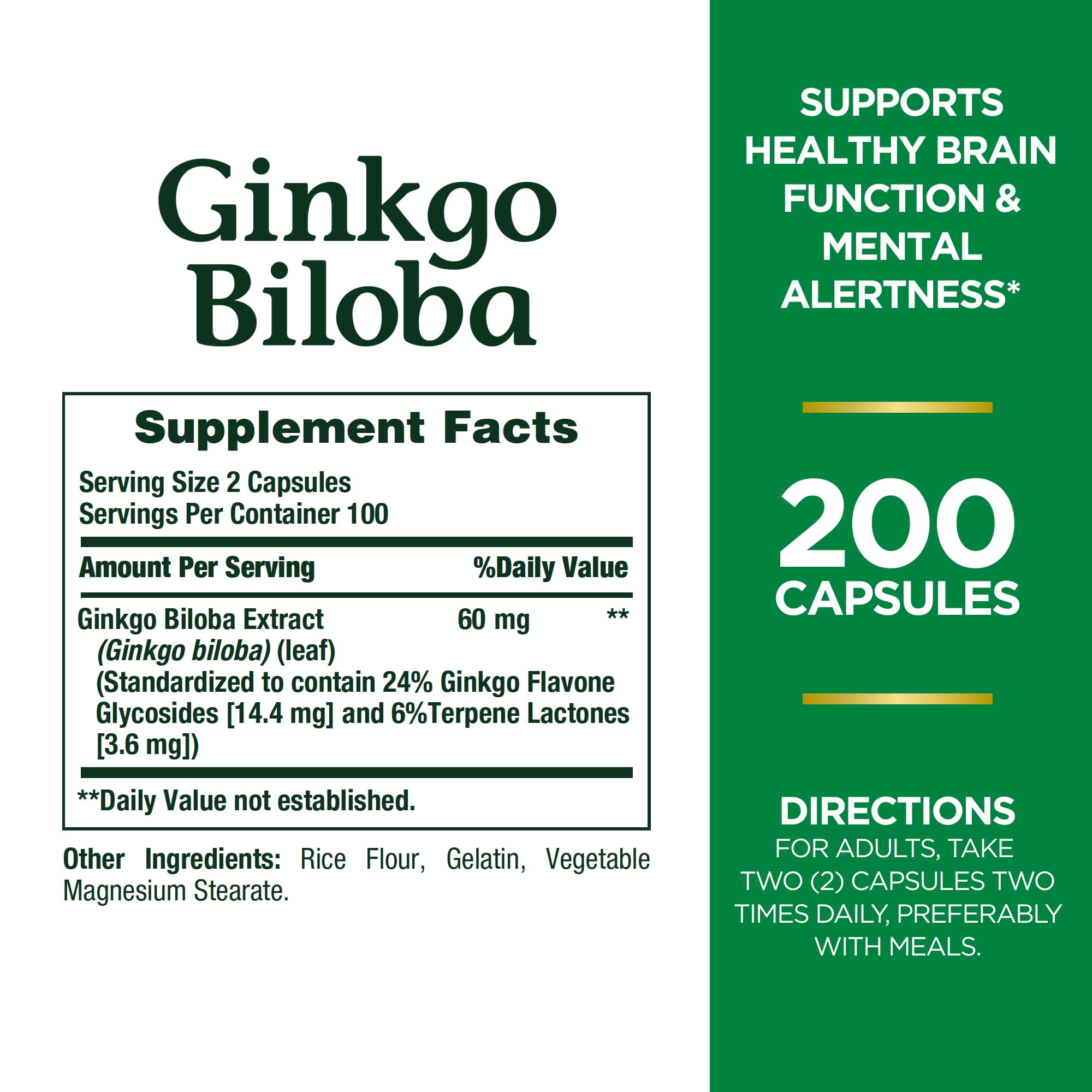 Nature's Bounty Ginkgo Biloba Capsules, 60 Mg, 200 Ct