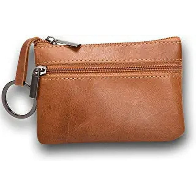 Genuine Leather Coin Purses Mens Women Leather Zipper Coin Purse Pouch Slim Change Credit Card Holder Slim Wallet Key Holder Change Pouch Small Wallet. A compact brown coin purse made of soft cow split leather with a pebble grain texture. Features two zippered pockets, a small side keychain, and a slim design measuring 4.33 x 3.03 inches. Designed to hold coins, credit cards, folded bills, keys, and small essentials. The durable zippers ensure secure closure, making it suitable for daily use.