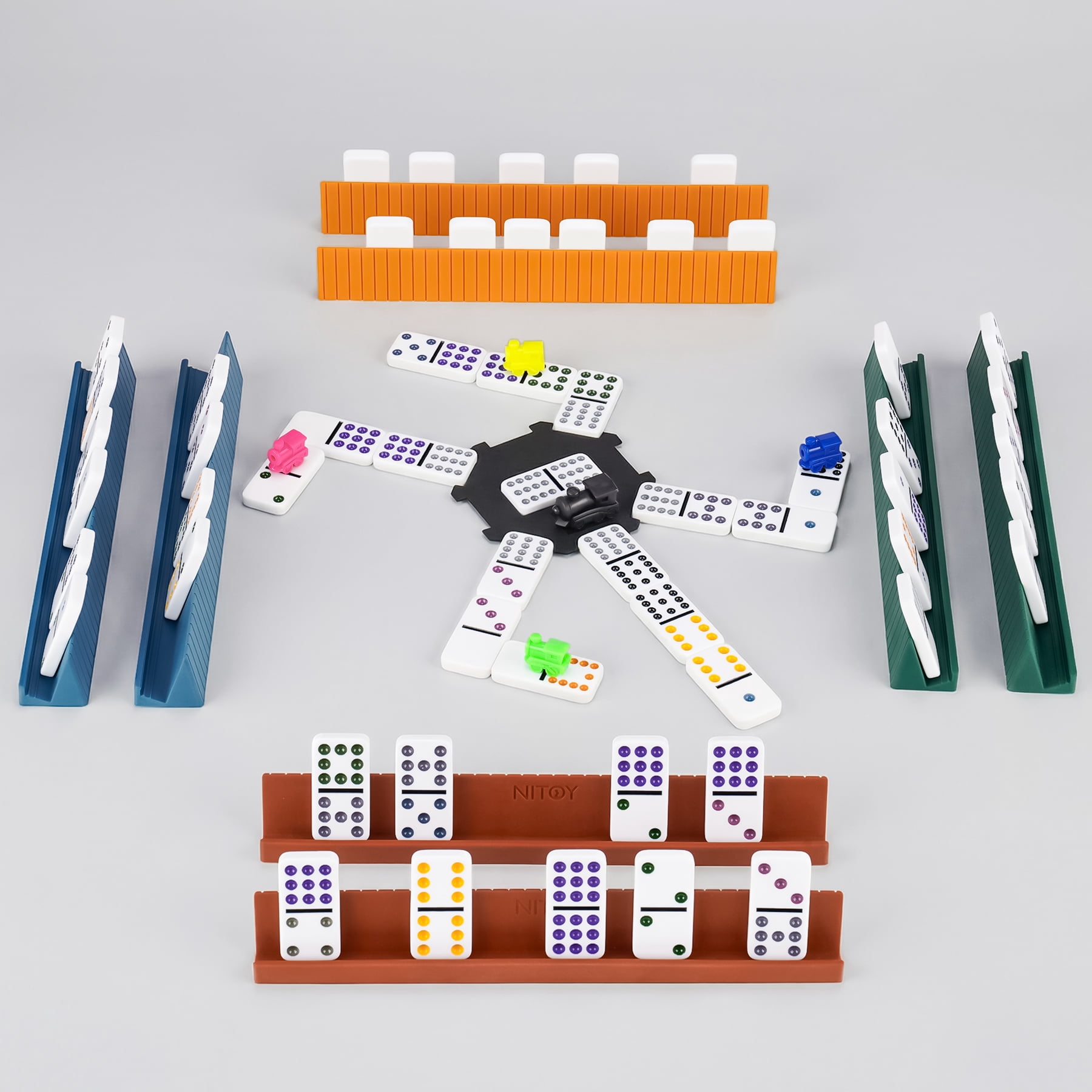 Mexican Train Dominoes Set for Adults, Double 12 Dominoes with 8 Silicone Racks, 91 Color-Coded Tiles, Hub, 9 Train Markers, Scoreboard & Carry Bags - Classic Family Board Game