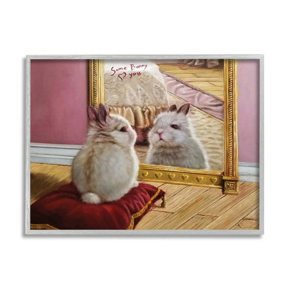 Stupell Industries Some Bunny Loves You Adorable Rabbit in Mirror Modern Painting Gray Framed Art Print Wall Art, 16 x 20, Design by Lucia Heffernan