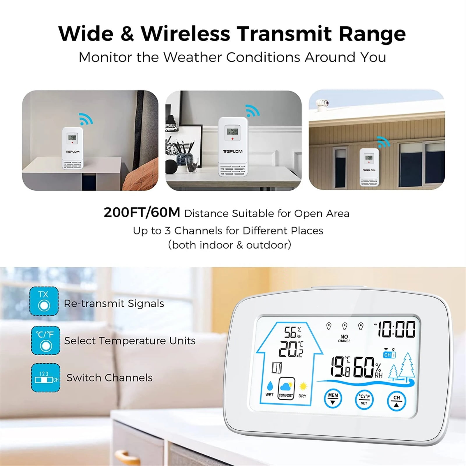 Backlight Touch Screen Digital Weather Station Smart Temperature and Humidity Meter Weather Clock Temperature Humidity Detection ,High Precision