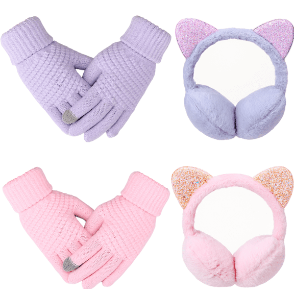 Bocaoying 4 Pack Kids Plush Earmuffs and Gloves Set, Winter Warm Cat Ear Muffs, Touchscreen Knit Mittens for Girls Outdoor Cold Weather (Purple Pink)