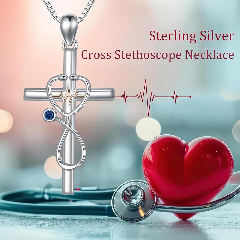 JKR Gifts for Nurse 925 Sterling Silver Stethoscope Cross Necklace for Women Nurse Birthstone Jewelry Nursing Themed Medicine Nurses Day Gifts Doctor Medical Student RN