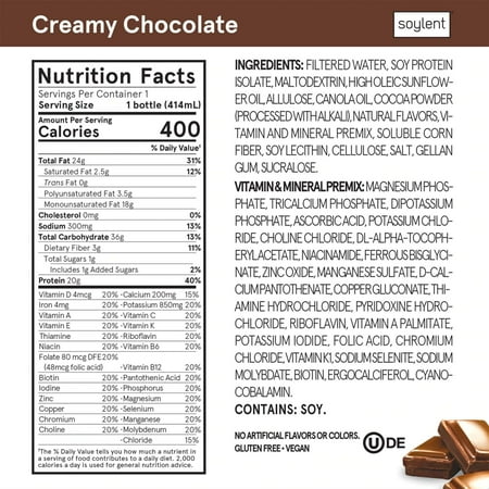 Soylent Vegan Meal Replacement Shake 14 Oz Ready to Drink Plant Protein Shakes, 12 Pack, Creamy Chocolate