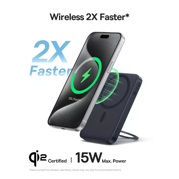 Baseus Qi2 MagSafe Power Bank, PicoGo 5000mAh Wireless Portable Charger with 360° Rotatable Ring Stand, Magnetic Power Bank for iPhone 16/15/14,Black