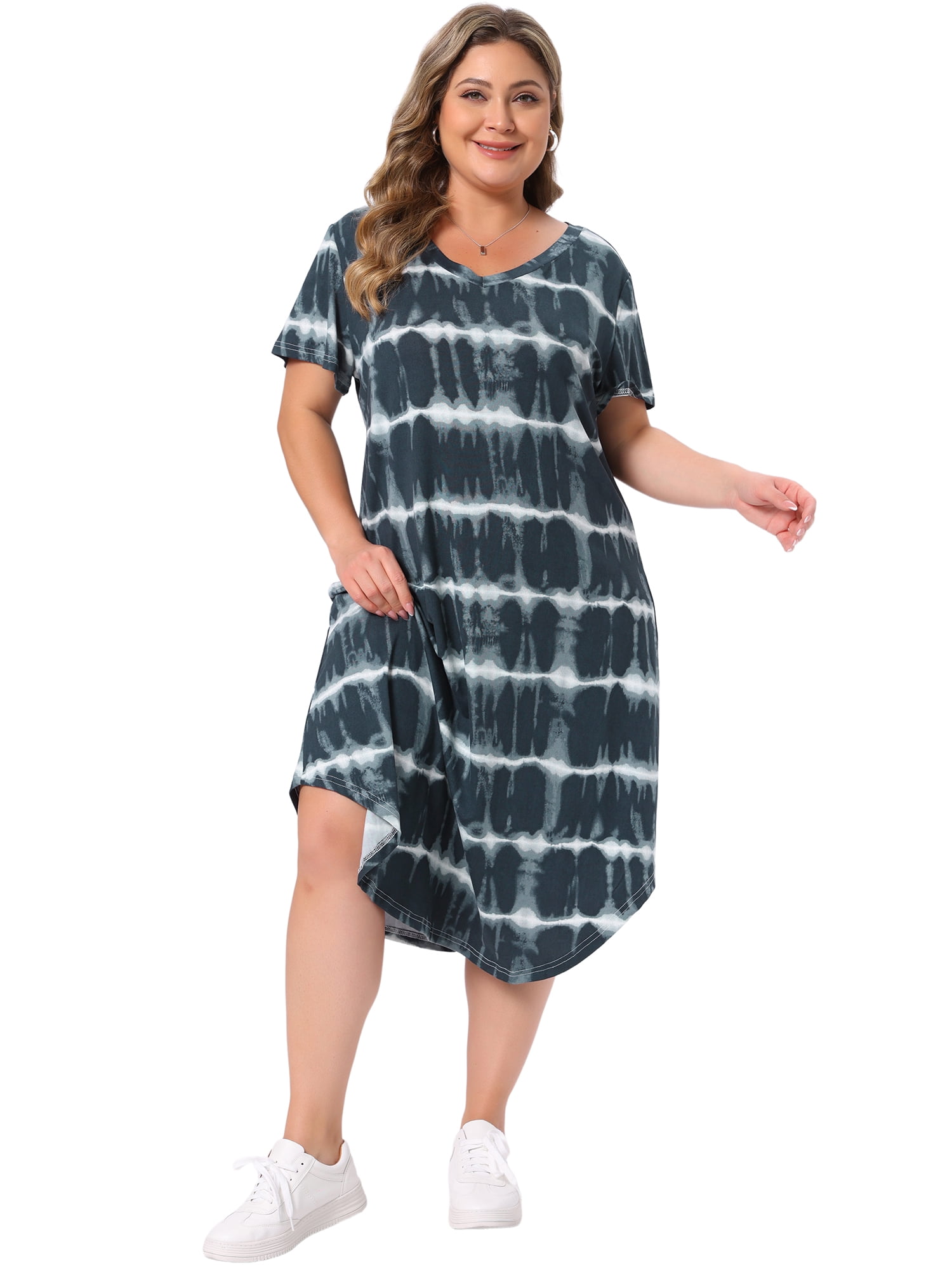 DARING DIVA Women's Plus V Neck Soft Tie Dye Short Sleeve Nightgown 1X Gray Black