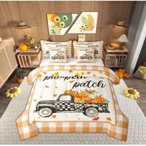 Feelyou Teens Rustic Truck Bedding Comforter Set 7-Piece, Fall Maple Leaf King Bedding Sets, Cartoon Buffalo Plaid Bed Sheets, Lightweight Room Decor
