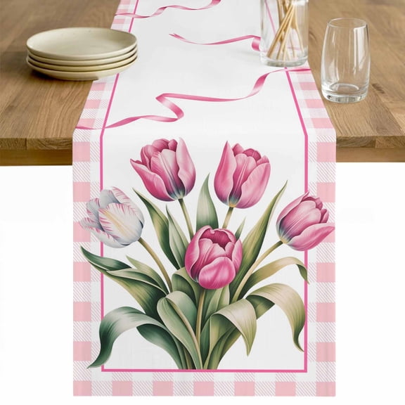 Pink Tulip Spring Floral Table Runner - 72 Inch Long Romantic Flowers Modern Art Plaid Cotton and Linen Blended Dress Scarves Farmhouse Table Runner for Kitchen Dining, Coffee Table, 13" x 72"