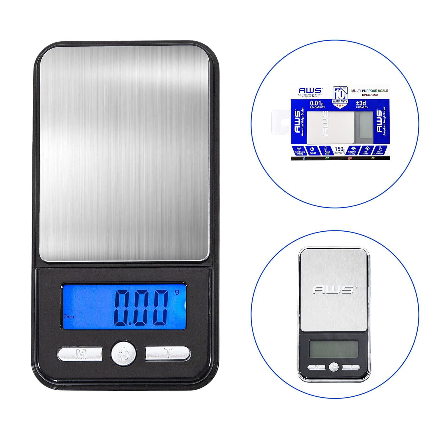 AMERICAN WEIGH SCALES Digital Pocket Weight Scale, Stainless Steel, Black 150g