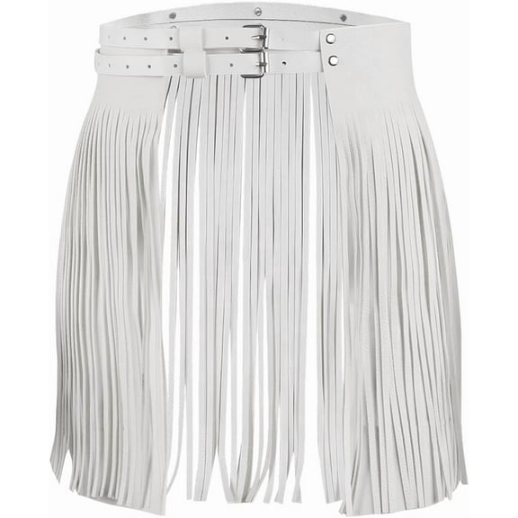 White PU Leather Fringe Skirt Belt Western Punk Wide Leather Tassel Waist Belt Vintage Gypsy Style Gothic Party Rave Waistbands for Women Rocker Dance Performance Costume Ladies Outfit