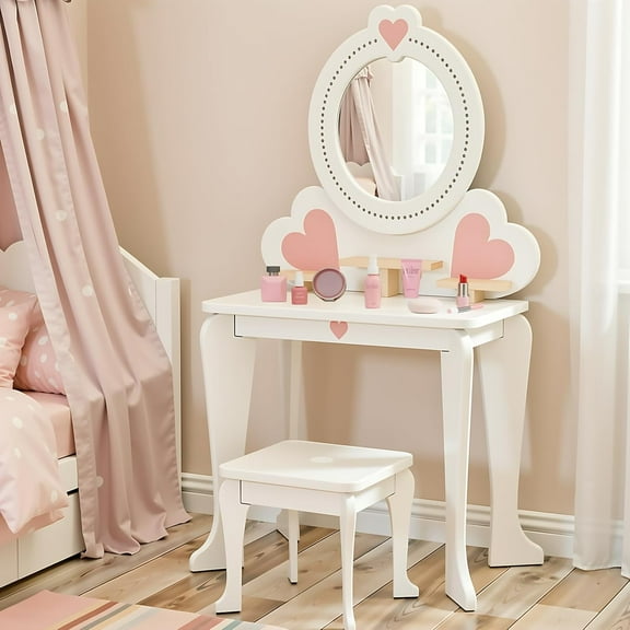 Pirecart Kids Vanity Table and Chair, Makeup Dressing Set with Round Mirrors and 8 Pcs Pretend Play Accessories, White