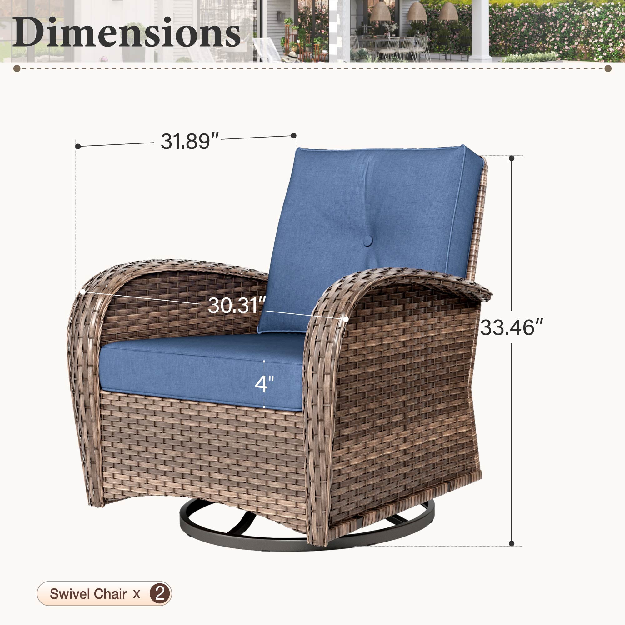 Summit Living Outdoor Patio Swivel Glider Rocking Chair Set of 2, All Weather Wicker Outdoor Conversation Furniture Set, 2-Piece Outdoor Sofa, Navy Blue