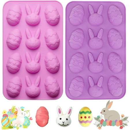 

2 Pack Easter Egg and Bunny Silicone Molds For Chocolate. 3D Rabbit Egg Silicone Candy Molds Easter Cookie Baking Mould Tray for Ice Cube. Jelly. Fondant Soap DIY Cupcake Decor（Pink/Purple）