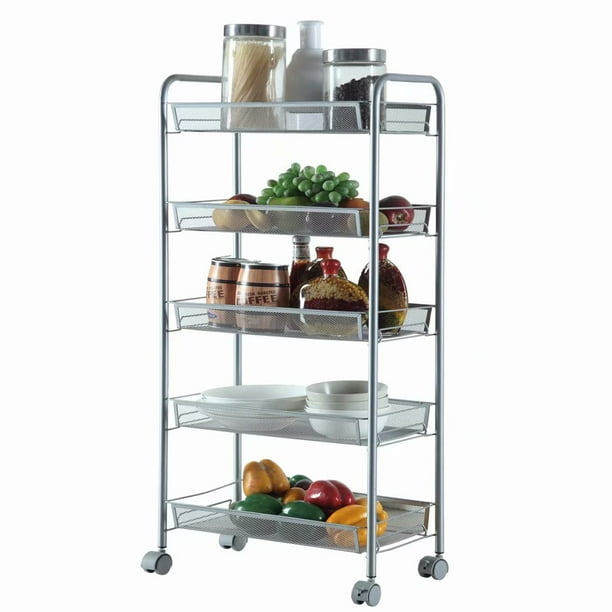 5-Tier Mesh Wire Rolling Cart Multifunction Utility Cart Kitchen Storage  Cart on Wheels, Steel Wire Basket Shelving Trolley,Easy Moving,Silver