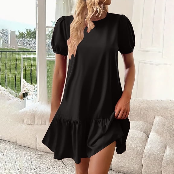 NTACZA Dresses Ruffle A-Line Round Neck Mini Casual Dresses Dresses Short Sleeve Party Black L