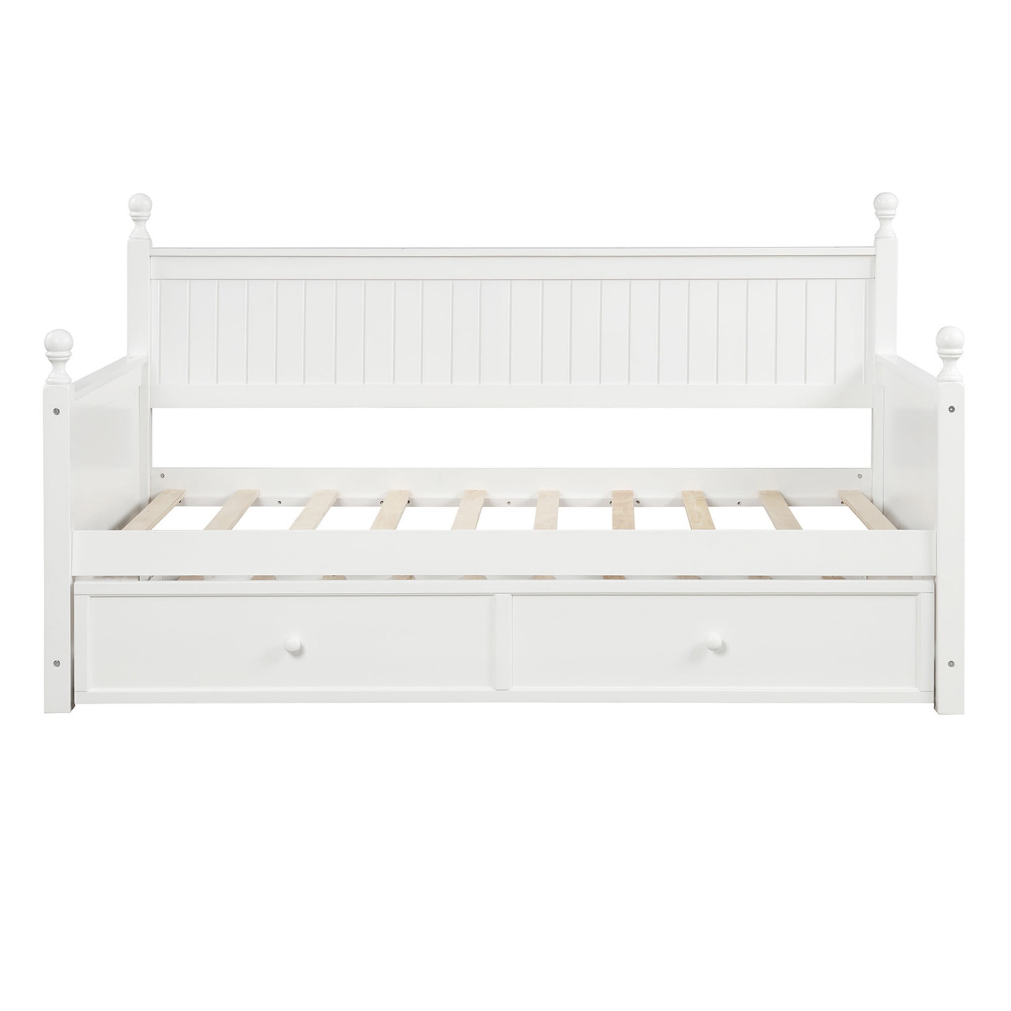 AENKYO Solid Pine Wood Twin Daybed with Trundle, 2-in-1 Convertible Sofa Bed for Guest Room/Kids Room, White