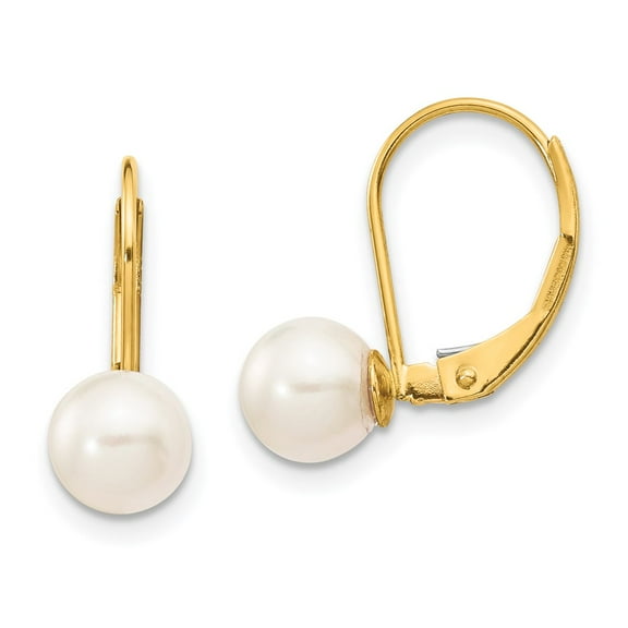 Primal Gold 14 Karat Yellow Gold 6-7mm White Round Saltwater Akoya Cultured Pearl Leverback Earrings