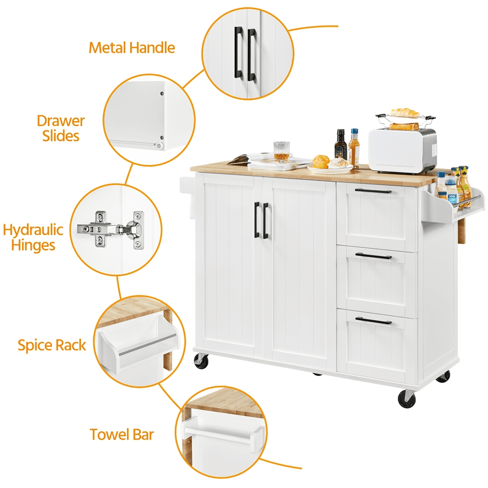 Renwick Rolling Kitchen Cart with Cabinets and Drawers, White