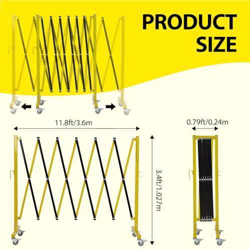 Huisuilinss 11.8FT Folding Safety Barricade with Casters,Rolling Industrial Expandable Metal Barrier,Retractable Driveway Gate,Mobile Barricade Gate For Construction Site Elevator Outdoor Road