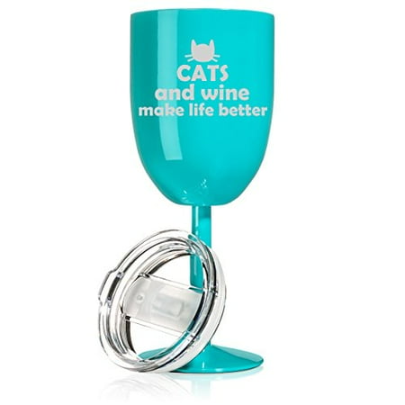 

14 oz Double Wall Vacuum Insulated Stainless Steel Wine Tumbler Glass with Lid Cats And Wine Make Life Better (Teal)
