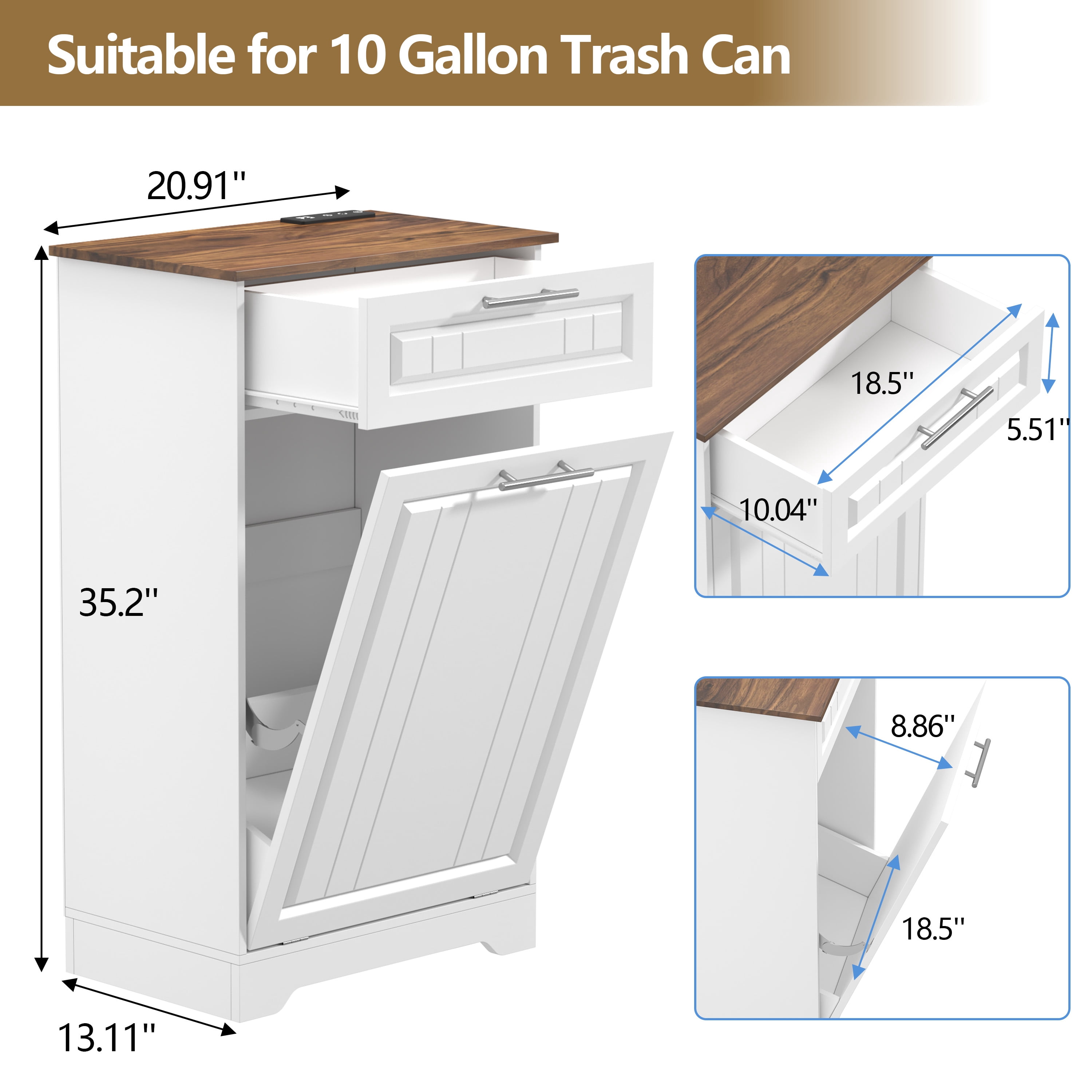 Single 10 Gallon Tilt Out Trash Can Cabinet with Deodorizing Function, Wooden Hidden Garbage Can Holder with Storage Drawers for Kitchen and Dining Room, Laundry Hamper Cabinet for Bathroom, White