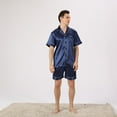 thumbnail image 3 of SWSMCLT Men's Button Down Soft Shorts Pj Casual Summer 2 Piece Satin Pajama Set Short Sleeve Lightweight Lounge Set Silky Navy White Small, 3 of 4