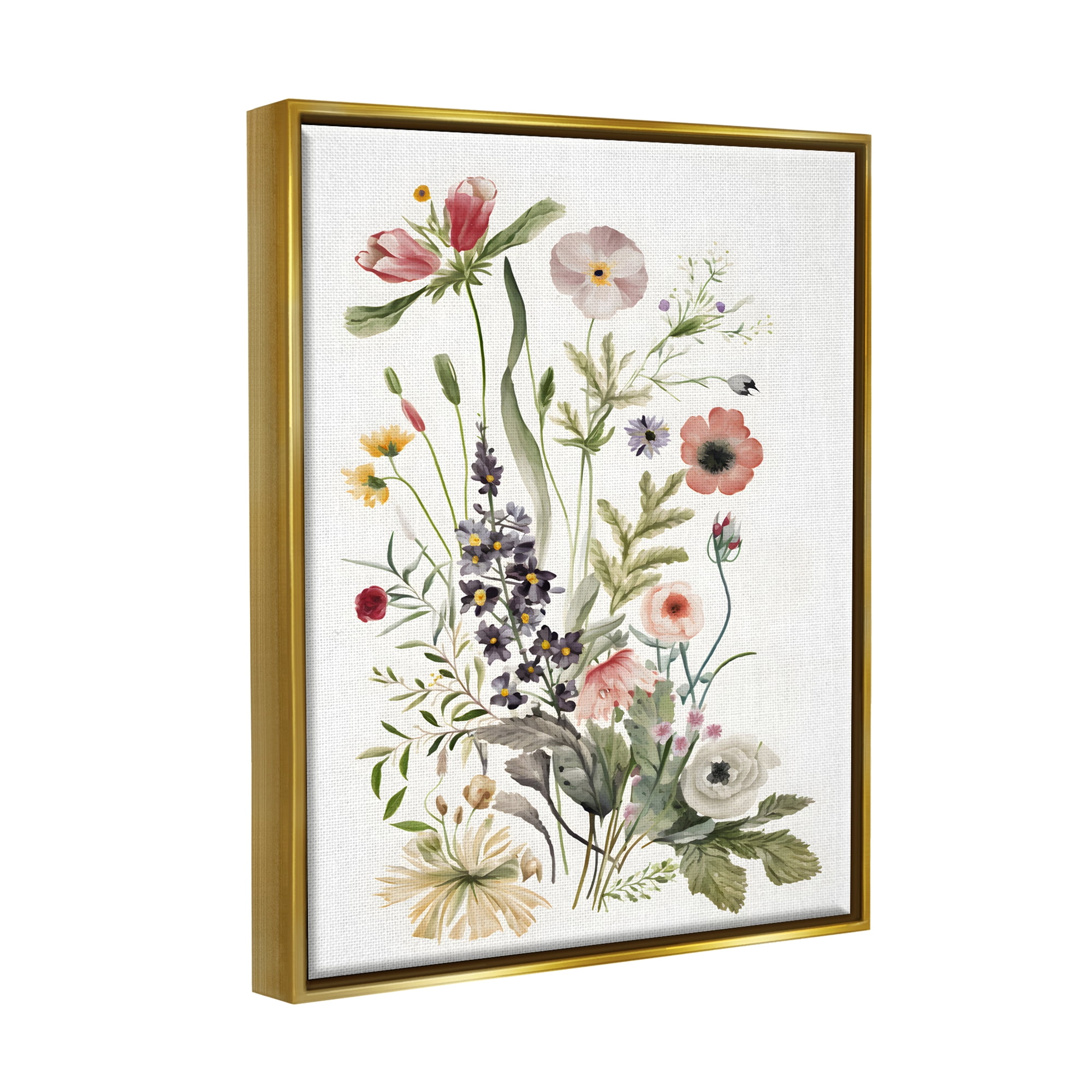 Stupell Industries Subtle Wildflower Blooms Botanical & Floral Painting Gold Floater Framed Canvas Art Print Wall Art, 17 x 21