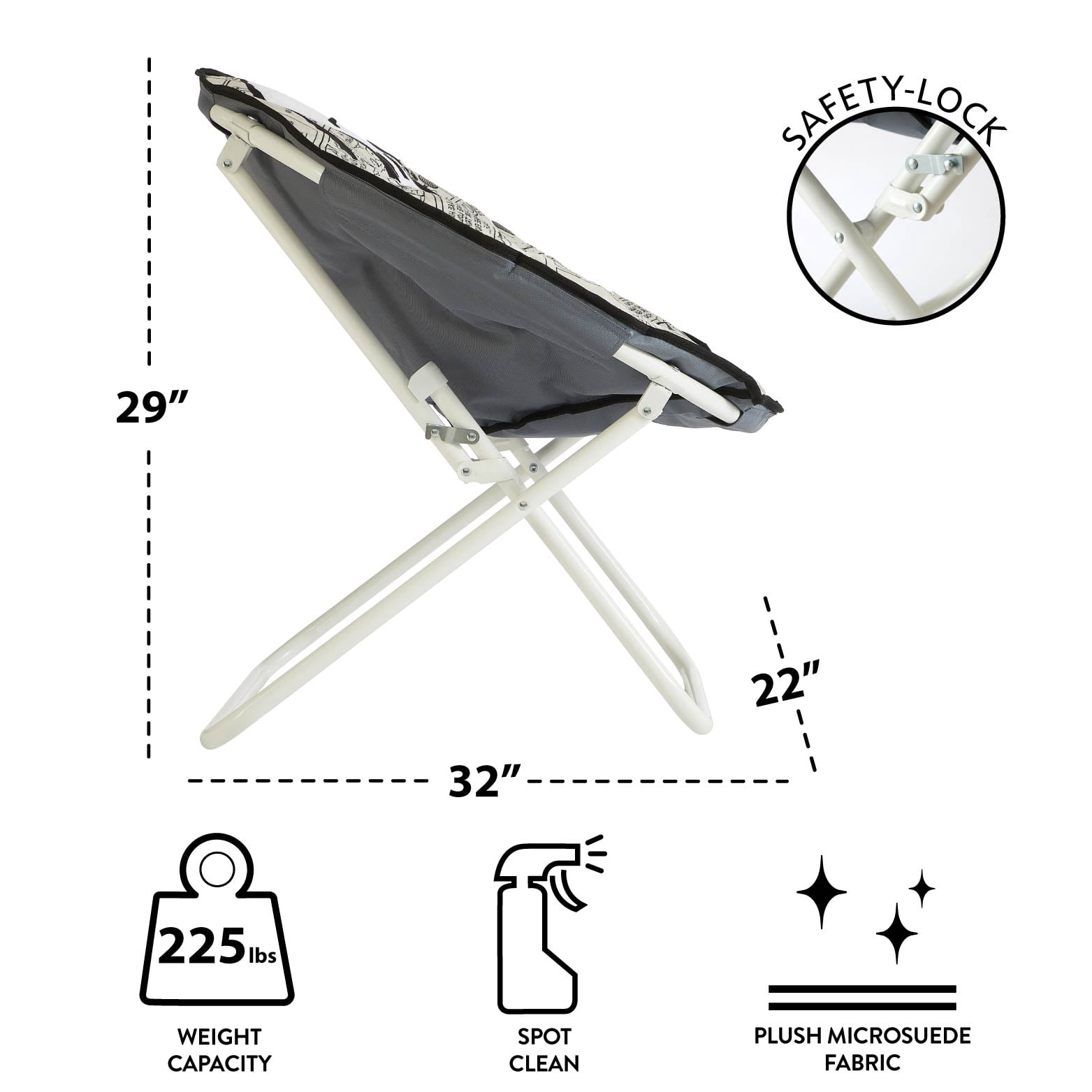 Snoopy Folding Saucer Chair for Teens and Adults, Black and White