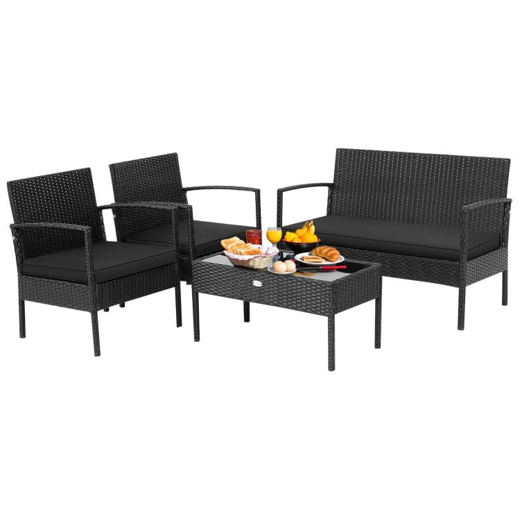 Aimee Lii Rattaner Outdoor Patio Furniture, 4 Pieces Patio Rattan Wicker Conversation Set Sofa Cushioned Glass Table, Black Aimee Lii Rattaner Outdoor Patio Furniture, 4 Pieces Patio Rattan Wicker Conversation Set Sofa Cushioned Glass Table, Black